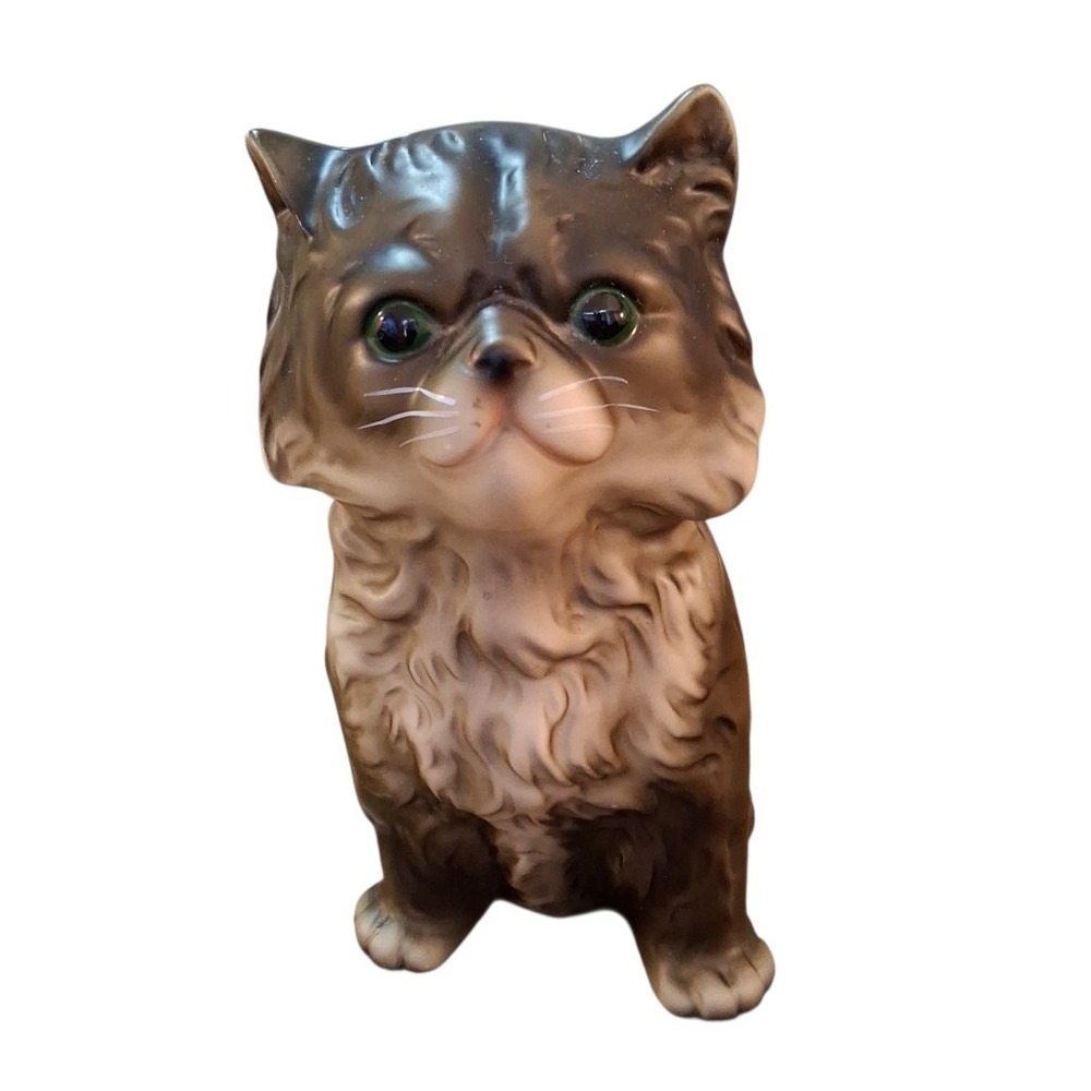 Vintage Persian Cat Kitten Gray White Green Eyes‎ Ceramic 7"t Figure Japan READ
